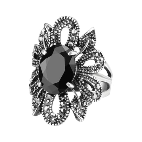 Personalisierter modischer Punk-Ring mit schwarzem Zirkonia, versilbert, durchbrochene Blume für Damen von Generic