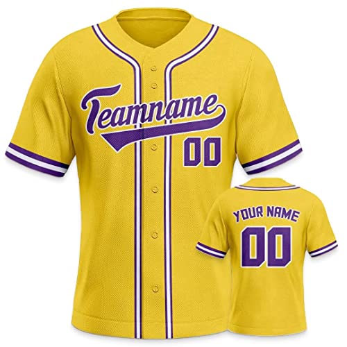 Personalisiertes Baseball Trikot 3D Stickerei/Druck Trikot Shirt mit Deinem Namen und Nummer Hip-Hop-Sportuniform für Herren Damen Kinder Fantrikot Gelb von Generic