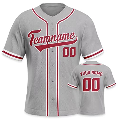 Personalisiertes Baseball Trikot 3D Stickerei/Druck Trikot Shirt mit Deinem Namen und Nummer Hip-Hop-Sportuniform für Herren Damen Kinder Fantrikot Grau von Generic