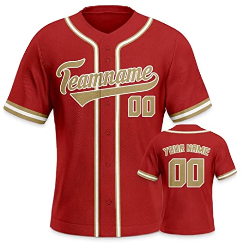 Personalisiertes Baseball Trikot 3D Stickerei/Druck Trikot Shirt mit Deinem Namen und Nummer Hip-Hop-Sportuniform für Herren Damen Kinder Fantrikot Rot von Generic