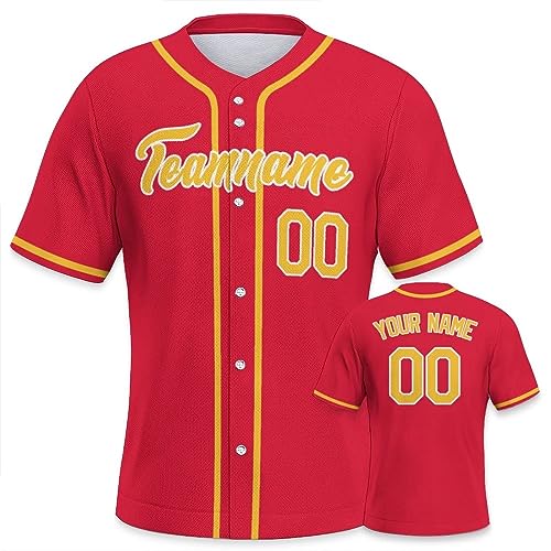 Personalisiertes Baseball Trikot Jersey personalisierte Baseball Uniform Sport Shirts Hip Hop Button Down Baseball Shirts Name und Nummer Logo für Männer und Frauen rot gelb von Generic