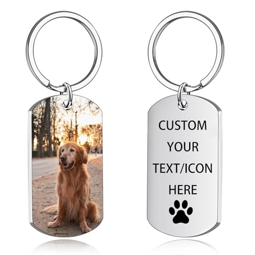 Personalized Text & Fotogravur Edelstahl Dog Tag Schlüsselanhänger Erkennungsmarke Schlüsselanhänger Personalisiert mit Foto Personalisierte Geschenke für Männer, Frauen silver One Size von Generic