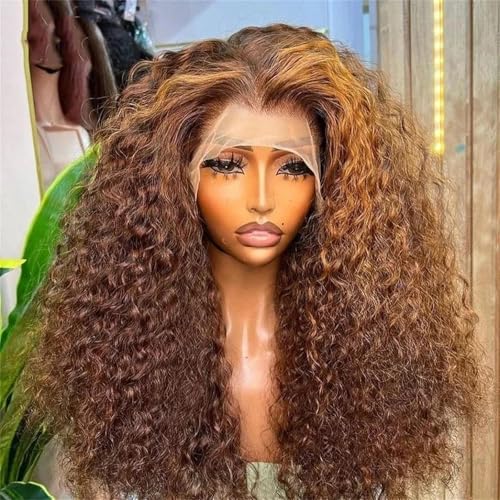 Perücke Echthaar Honigblond Spitze Front Perücken Für Frauen Lockige Echthaar Perücke Tiefe Wellen Spitze Frontal Perücke 13x4 HD Frontal Wig 34inches#180 von Generic