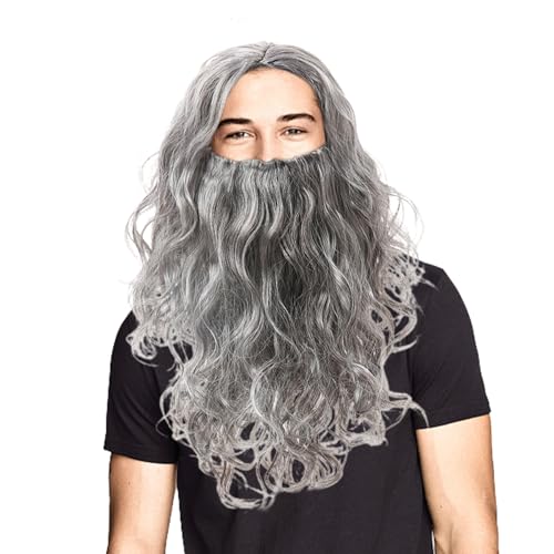 Perücken- und Bart-Set – Realastischer Bart | Lange Rollenspiel-Perücken und Bärte für Halloween | Lange graue Zaubererbärte oder Perücke für Halloween-Partys, Rollenspiele, Bühnenshow, Heimgebrauch von Generic