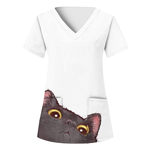 Pflege Kasack Damen Cartoon-Katze Gedruckt Kittel Damen Berufskleidung Kurzarm V-Ausschnitt Uniformen Damen Pflege Mit Taschen Schlupfkasack Damen Pflege Muster Laborkittel Bunte Kasacks von Generic