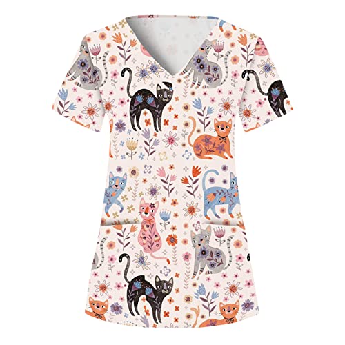 Pflege Kasack Damen Cartoon-Katze Gedruckt Kittel Damen Berufskleidung Kurzarm V-Ausschnitt Uniformen Damen Pflege Mit Taschen Schlupfkasack Damen Pflege Muster Laborkittel Bunte Kasacks von Generic
