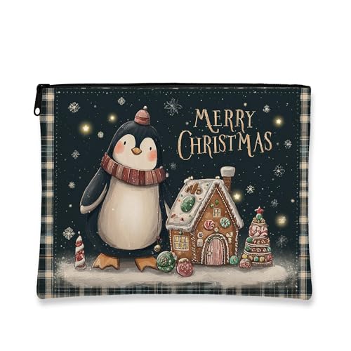 Pinguin-Kosmetiktasche, Frohe Weihnachten, Urlaubstasche für Damen, tragbar, klein, Segeltuch, Reißverschluss, Winter-Hautpflege-Kulturbeutel, Schwarz, 7x9 Inch, Pinguin von Generic