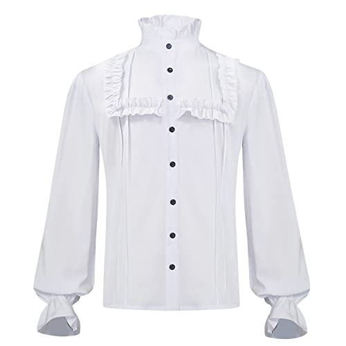 Piratenhemd Herren Button Down Mittelalter Hemd mit Hoher Kragen, Rüschenhemd Männer Langarm Freizeithemd Kostüm Renaissance Viking Viktorian Steampunk Cosplay Tops von Generic