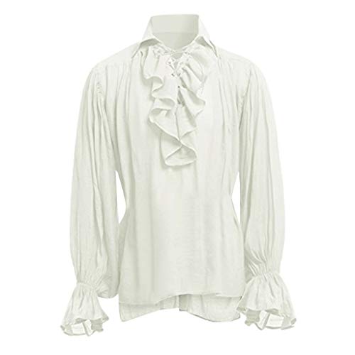 Piratenhemd Herren Rüschenhemd Karneval Mittelalter Hemd Schnürhemd Gothic Shirt Pirat Langarm Kostüm Renaissance Viking Viktorian Steampunk Cosplay Tops Beige 3XL von Generic