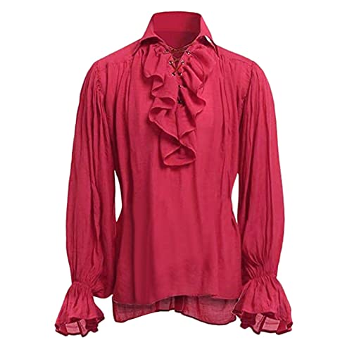 Piratenhemd Herren Rüschenhemd Karneval Mittelalter Hemd Schnürhemd Gothic Shirt Pirat Langarm Kostüm Renaissance Viking Viktorian Steampunk Cosplay Tops Rot L von Generic