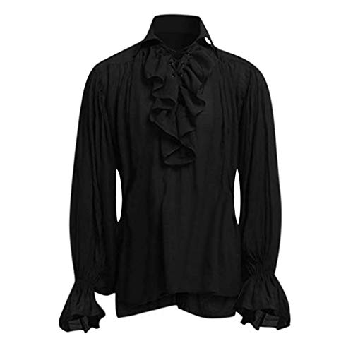 Piratenhemd Herren Rüschenhemd Karneval Mittelalter Hemd Schnürhemd Gothic Shirt Pirat Langarm Kostüm Renaissance Viking Viktorian Steampunk Cosplay Tops Schwarz 3XL von Generic