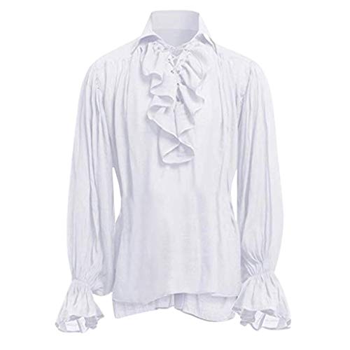 Piratenhemd Herren Rüschenhemd Karneval Mittelalter Hemd Schnürhemd Gothic Shirt Pirat Langarm Kostüm Renaissance Viking Viktorian Steampunk Cosplay Tops Weiß XL von Generic