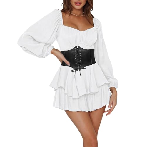 Piratenkostüm Damen Korsett Renaissance Viktorianische Off Shoulder Kleid Kurz Jumpsuit Piratinkleid Weiß A-Linie Kleid Trägerloses Knielange Patchwork Kleid Strandkleid Party Karneval Kostüm Piratin von Generic