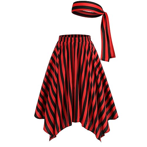 Piratenkostüm Damen Rot Schwarz Gestreift Piratenrock mit Gürtel Knielang Hohe Taille Cosplay Piraten Rock Asymmetrische Swing A Linie Midirock Skirts für Karneval Party von Generic