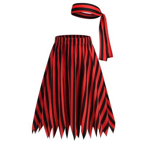 Piratenkostüm Damen Rot Schwarz Gestreift Piratenrock mit Gürtel Knielang Hohe Taille Cosplay Piraten Rock Asymmetrische Swing A Linie Midirock Skirts für Karneval Party von Generic