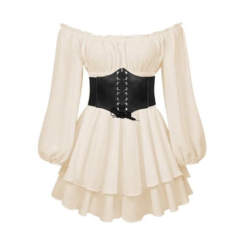 Piratenkostüm Damen Sommerkleider Korsett Patchwork Kleid Renaissance Minikleid Off Shoulder Kleid Jumpsuit Piratinkleid A-Linie-Kleid Trägerloses Knielange Strandkleid Partykleid Karneval Kostüm von Generic