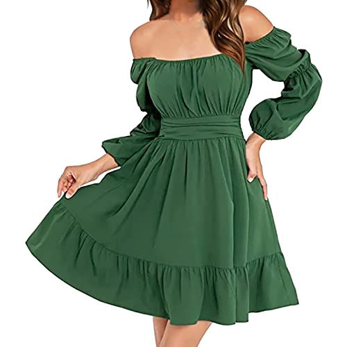 Piratenkostüm Damen Swing Rüschenkleid mit Langen Puffärmeln Off Shoulder Slash Neck Skaterkleid Einfarbiges A-Linien-Kleid Knielanges Patchwork-Kleid Kurz Cocktailkleid Party Karneval Kostüm von Generic