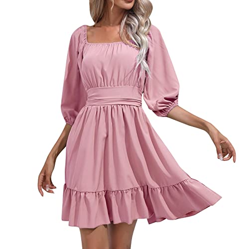 Piratenkostüm Damen Swing Rüschenkleid mit Langen Puffärmeln Off Shoulder Slash Neck Skaterkleid Einfarbiges A-Linien-Kleid Knielanges Patchwork-Kleid Kurz Cocktailkleid Party Karneval Kostüm von Generic