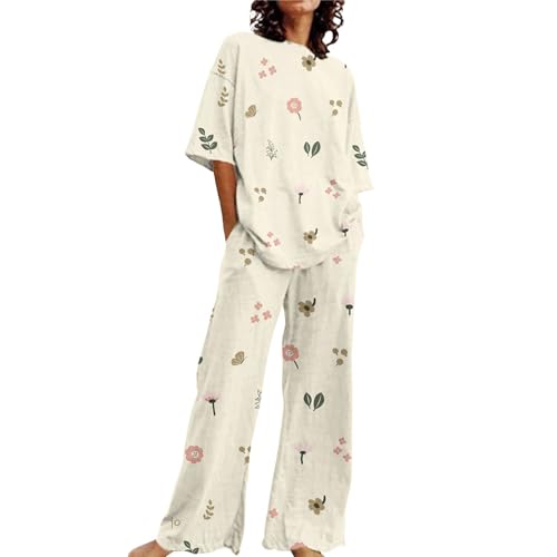 Pjama Set Für Damen Frauen Geeignet Sommer O Lose Kurzarm Floral Print Top Shirt Mit Hosen Große Größe 2 Set Pyjama Damen Baumwolle Froteeschlafanzug Damen (Beige, M) von Generic