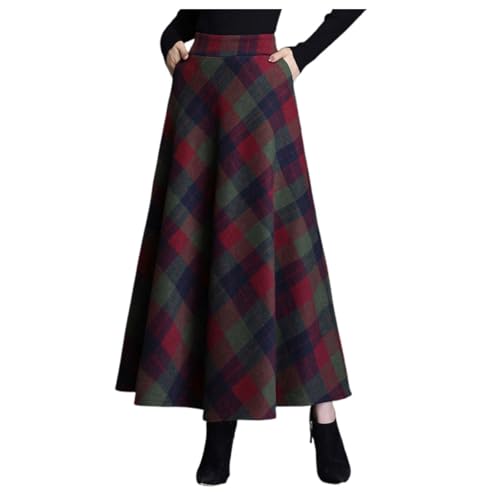 Plaid Winterrock Damen Lang, Faltenrock Damen Elegant, A-Linien Wollrock Damen Winter Warm Karo Strickrock Lang Hohe Taille Herbst Rock Trachtenrock Mit Taschen Plissee Rock Casual Skirts for Women von Generic