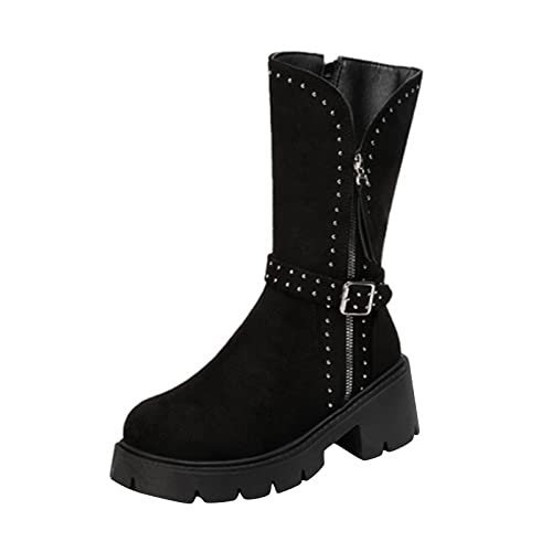Plateau Boots Damen Gothic Punk - Stiefeletten Mit Schnalle Blockabsatz Profilsohle Springerstiefel Rundzehe Wildlederstiefel Nieten Motorradstiefel Westernstiefel Mit Reißverschluss von Generic