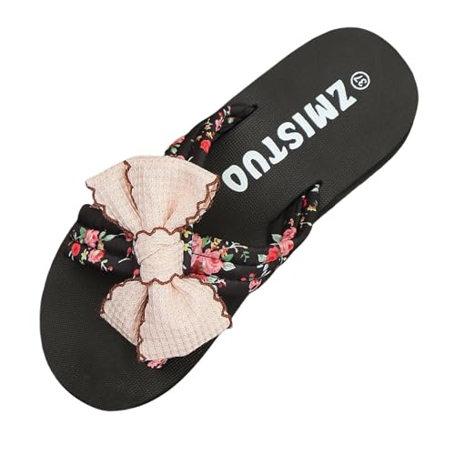 Plateau Hausschuhe Damen Sommer Schlappen mit Bow-Knot Pantoffeln Offene Lässige Latschen Rutschfeste Bequeme Slipper Frauen Pantoletten Schuhe Boho Style Latschen Leicht Strandschuhe von Generic