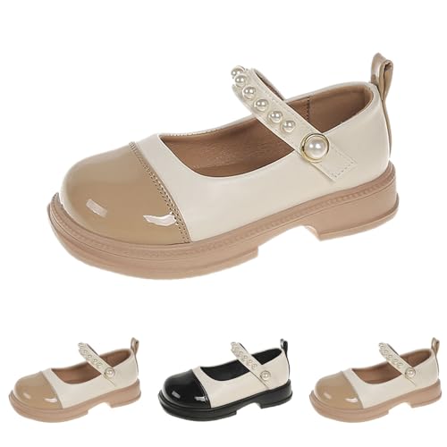 Plateau Mary Jane Mädchen Patent Flache Lederschuhe Gummisohle Preppy-Stil Schulschuhe Prinzessin Pumps Elegante Ballerinas Anzugschuhe Flach Rutschfeste Tanzschuhe (Khaki, 34 Big Kids) von Generic