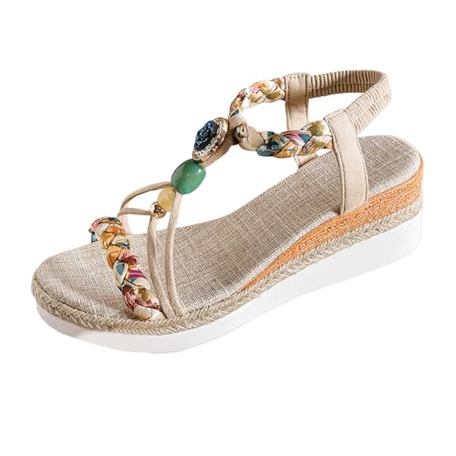 Plateau Sandalen Damen Sommer Strass Perlen Keilsandalen Bequem Boho Espadrilles Elegan Offene Sandalette von Generic
