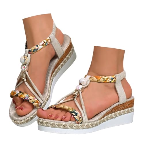 Plateau Sandalen Damen Sommer Strass Perlen Keilsandalen Bequem Boho Espadrilles Elegan Offene Sandalette von Generic
