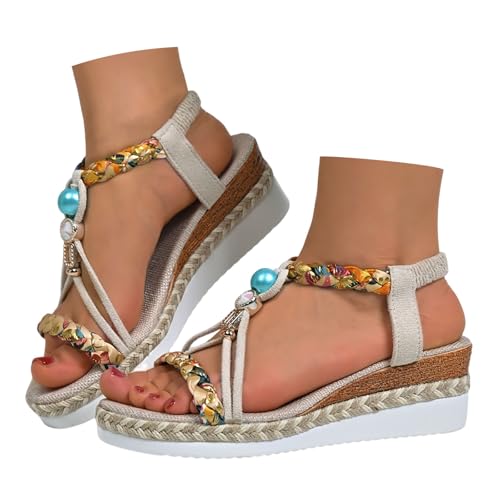 Plateau Sandalen Damen Sommer Strass Perlen Keilsandalen Bequem Boho Espadrilles Elegant Offene Sandalette Plateau Sandalen Damen Sommer Strass Perlen Keilsandalen Bequem Boho Espadrilles Elegant Offene Sandalette von Generic