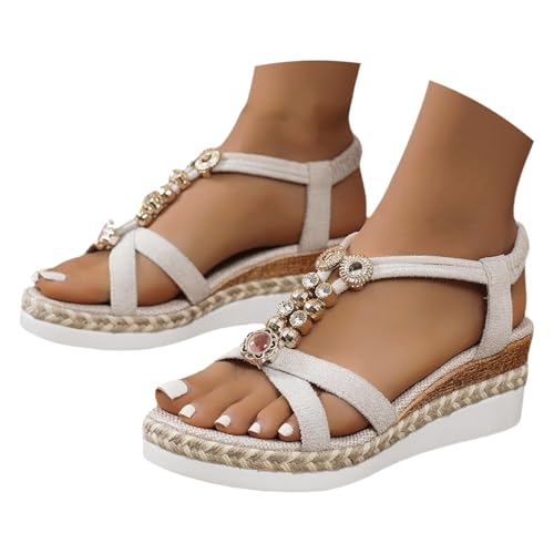 Plateau Sandalen Damen Sommer Strass Perlen Keilsandalen Bequem Boho Espadrilles Keilabsatz Peep Toe mit Weiche Fussbett Sandalen Strandschuhe Elegant Offene Sandalette Freizeitschuhe von Generic