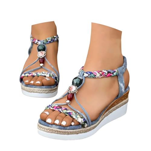 Plateau Sandalen Damen Sommer Strass Perlen Keilsandalen Bequem Boho Espadrilles Offene Sandalette von Generic