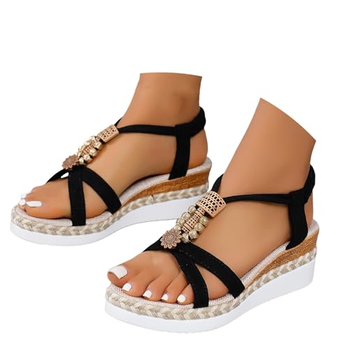 Plateau Sandalen Damen Sommer Strass Perlen Keilsandalen Bequem Boho Espadrilles Offene Sandalette Plateau Sandalen Damen Sommer Strass Perlen Keilsandalen Bequem Boho Espadrilles Offene Sandalette von Generic