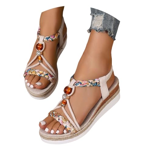 Plateau Sandalen Damen Sommer Strass Perlen Keilsandalen Bequem Boho Espadrilles Offene Sandalette von Generic
