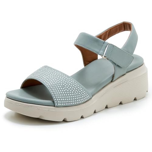 Plateau Sandalen Für Damen Keilabsatz Mit Strass Riemchen Strand Sandalen Mit Knöchelriemen Lässige Schicke Sommerschuhe Für Reisen Und Tägliches Gehen,Blau,41 EU von MiaZane