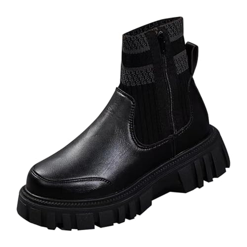 Plateau Stiefeletten Damen Mit Strick - Chelsea-Boots Blockabsatz Profilsohle Springerstiefel Flach Rutschfeste Laufsohle Ankle Boots Pu-Leder Kurzschaft-Stiefel-Boots Punk Biker Boots von Generic