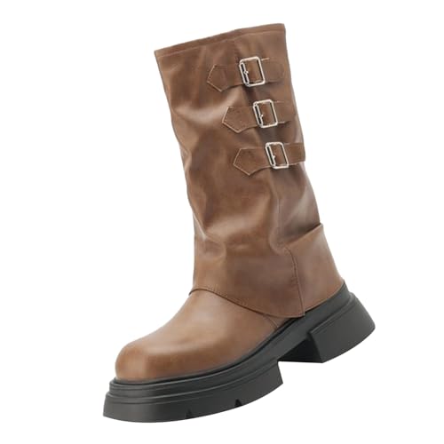 Plateaustiefel Damen Gothic - Lederstiefel Mit Schnalle Umklappbar Langschaft-Stiefel Weitschaft Kniehohe-Stiefel Rundzehe Schlupfstiefel Pu-Leder Reitstiefel Kunstleder Motorradstiefel von Generic