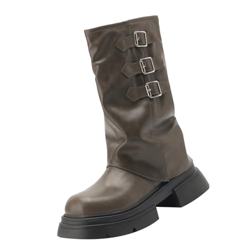 Plateaustiefel Damen Gothic - Lederstiefel Mit Schnalle Umklappbar Langschaft-Stiefel Weitschaft Kniehohe-Stiefel Rundzehe Schlupfstiefel Pu-Leder Reitstiefel Kunstleder Motorradstiefel von Generic