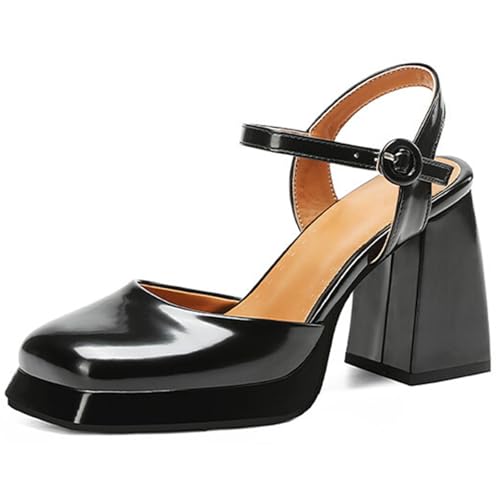 Plateform Mary Jane Schuhe, Eckspitze mit 9cm Blockabsatz, Erweiterte Größen Erhältlich,Schwarz,38 EU von Generic