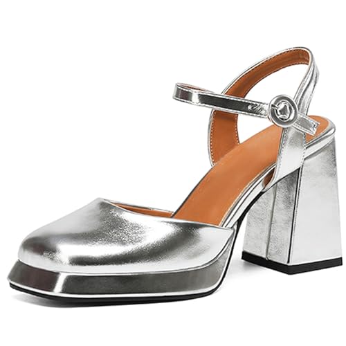 Plateform Mary Jane Schuhe, Eckspitze mit 9cm Blockabsatz, Erweiterte Größen Erhältlich,Silber,42 EU von Generic