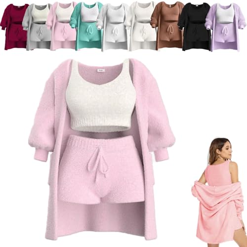 Pleshycozy Damen-Pyjama-Set, Pleshy Cozy Knit Set, 4/3-teiliges PleshyCozy Pyjama-Set, Plüsch-Cardigan-Pyjama-Loungewear-Set (Three-Piece Set Pink,S) von Generic
