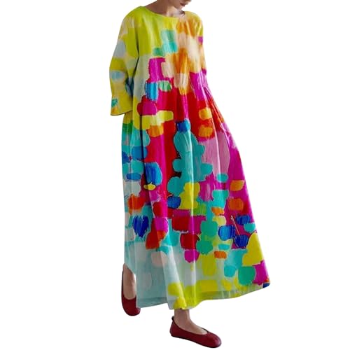 Plissiertes Maxikleid Damen Sommerkleid Plus Size Sommerlanges Freizeitkleider 3/4-Arm T-Shirt Kleid Swing Kleid Strandkleid Große Größen Lockeres Blusenkleid Bohemian A-Linien-Kleid von Generic