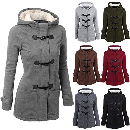 Plüsch Jacken Für Damen Mantel Trenchcoat Kapuzenjacke Hornknöpfe Winter Parka Wollmäntel Winterjacke Fleece Hoodie Coat Pullover Kapuzen Wintermantel (01 Dunkelgrau, M) von Generic