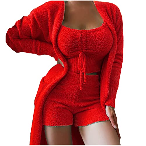 Plüsch Pyjama Damen Kurz 3-Teilig, Sexy Hausanzug Elegant Solide Nachtwäsche Set V-Ausschnitt Camitop + Hohe Taille Shorts + Langarm Mantel Sportlich Pyjamas Set Weich Kuschelig Loungewear Anzug von Generic