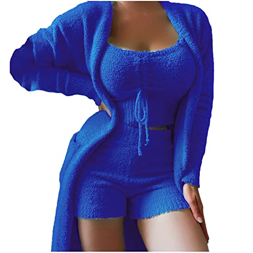 Plüsch Pyjama Damen Kurz 3-Teilig, Sexy Hausanzug Elegant Solide Nachtwäsche Set V-Ausschnitt Camitop + Hohe Taille Shorts + Langarm Mantel Sportlich Pyjamas Set Weich Kuschelig Loungewear Anzug von Generic