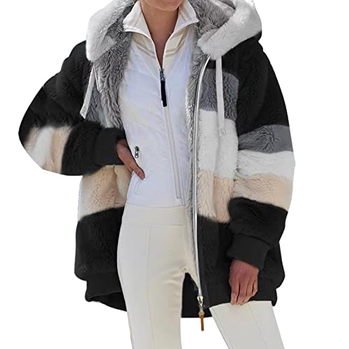 Plüsch Strickjacken mit Kapuze Damen Teddy Fleecejacke Plüschjacke Kunstpelz Hoodie Jacke Plüschmantel Kapuzenjacke Strickjacke Faux Fur Pelzmantel Reißverschluss Mantel Winterjacke von Generic