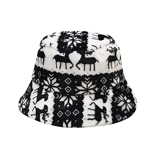 Plüsche Fischerhut Breite Krempe Weihnachtsmütze Druck Weihnachtshut Dicker Wintermütze Erwachsene Santa Mütze Anglerhut Bucket Hat Fisherman Caps Strandhut Anglerhut Sonnenhut (Black, One Size) von Generic