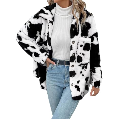 Plüschjacke Damen mit Kapuze Warm Winterjacke Niedlich Kühe Drucken Jacken Teddy Wolljacke Autumn Winter Langarm Pullover Reißverschluss Mantel Outwear mit Tasche Mode Costumes Warm von Generic