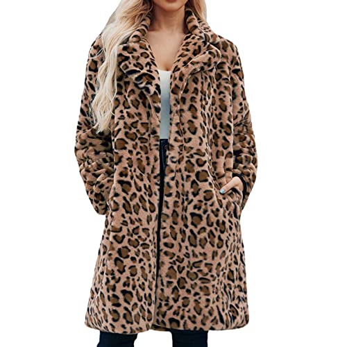 Plüschmantel Damen Leopard Fleecejacke Lang Plüschmantel Pelzmantel Mäntel mit Taschen Herbst Winter Kunstpelz Mantel Langarmshirt Pulli Oversized Passform Steppjacke von Generic