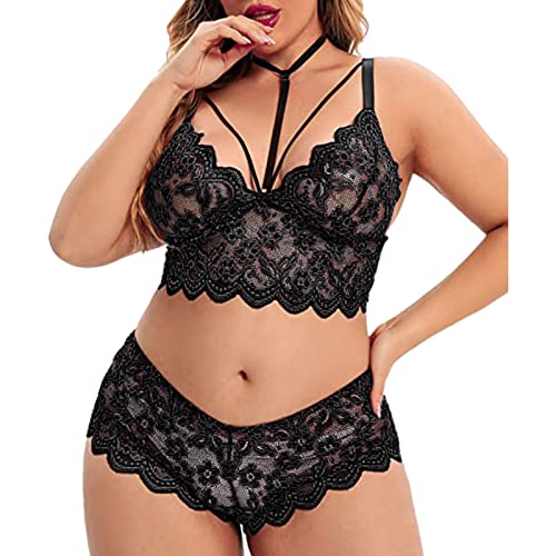 Plus Size 2 Stück Dessous für Frauen Träger-BH und Panty Unterwäsche Sets Spitze Strumpfband Gürtel Höschen & Durchsichtige Strümpfe Dessous Set (03A-Black, L) von Generic